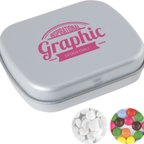 Scharnierblik met ca. 25 gr. mintjes TAMPONPRINT