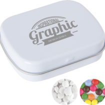 Scharnierblik met ca. 25 gr. mintjes TAMPONPRINT