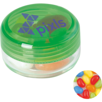 Kunststof rond potje gekleurd deksel met ca. 12 gr. jelly beans TAMPONDRUK