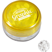 Kunststof rond potje met gekleurd deksel en ca. 12 gr. extra sterke `triangle` mintjes DIGITAAL tot full colour