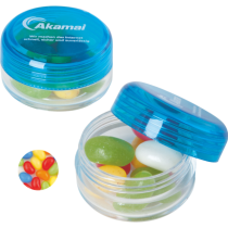 Kunststof rond potje gekleurd deksel met ca. 12 gr. jelly beans TAMPONDRUK