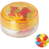 Kunststof rond potje gekleurd deksel met ca. 12 gr. jelly beans TAMPONDRUK
